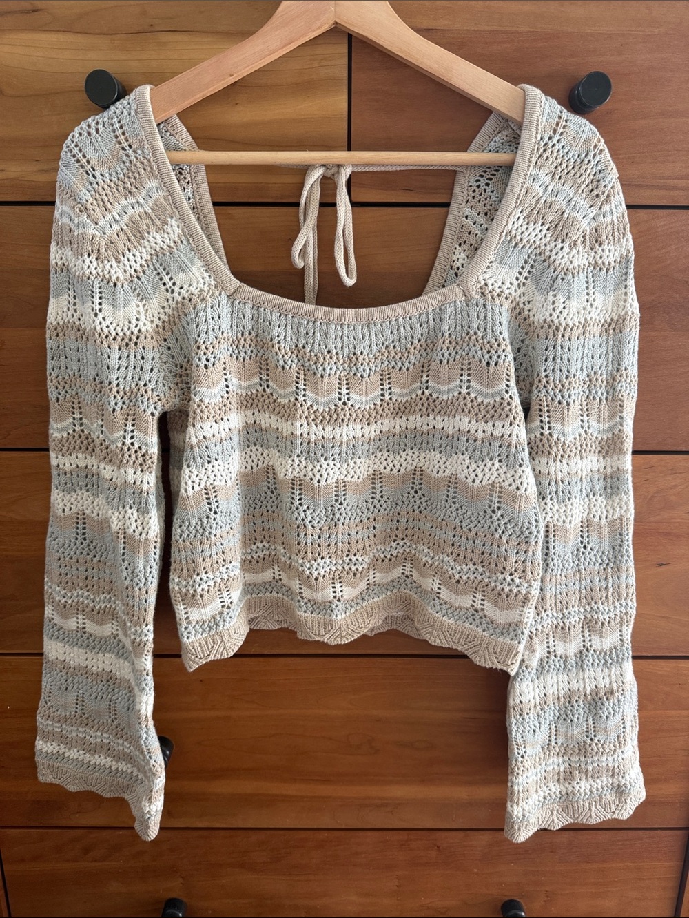 Mystree Neutral Stripe Open Knit Crochet Sweater Top NWT Size S